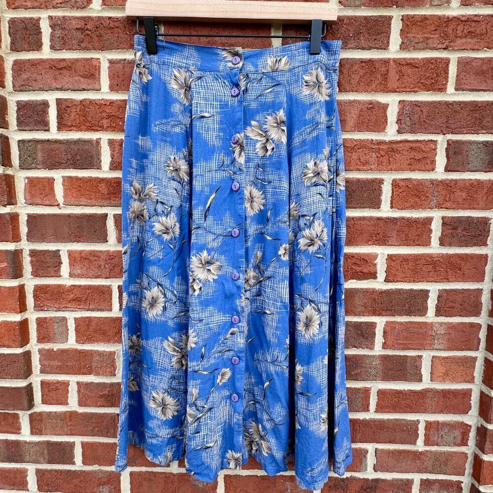 VTG 90s Sag Harbor Midi Skirt Petite Med Floral Button Front Boho Cottagecore